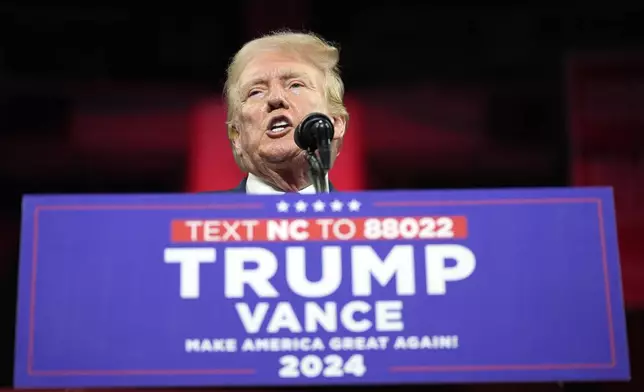 Republican presidential candidate former President Donald Trump speaks at a campaign rally Wednesday, July 24, 2024, in Charlotte, N.C. (AP Photo/Alex Brandon)