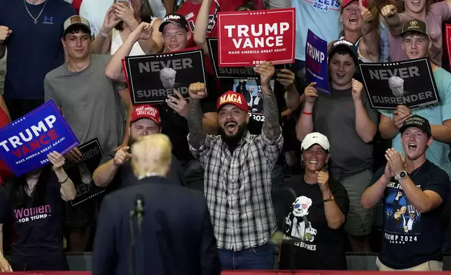 Republican presidential candidate former President Donald Trump addresses supporters at a campaign event with Republican vice presidential candidate Sen. JD Vance, R-Ohio, Saturday, July 20, 2024, at Van Andel Arena in Grand Rapids, Mich. (AP Photo/Carlos Osorio)