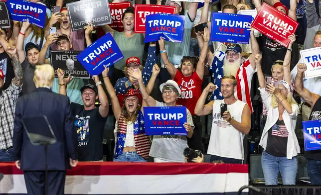 Fans cheer on former president Donald Trump during his campaign rally in downtown Grand Rapids, Mich. on Saturday, July 20, 2024. (Kaytie Boomer/Saginaw News via AP)