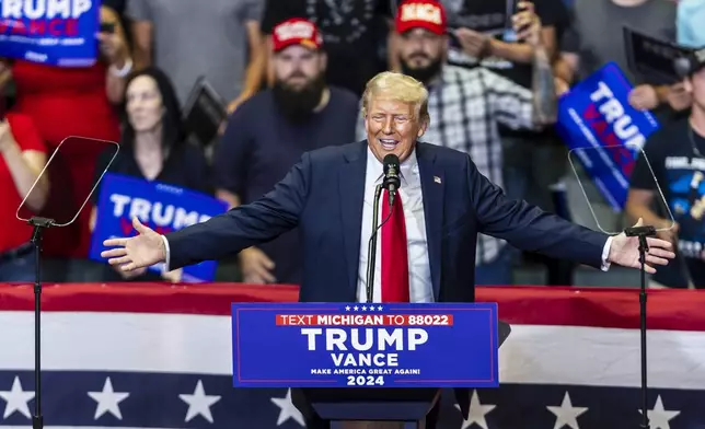 Republican presidential candidate former President Donald Trump speaks at a campaign event, Saturday, July 20, 2024, at Van Andel Arena in Grand Rapids, Mich. (Kaytie Boomer/Saginaw News via AP)