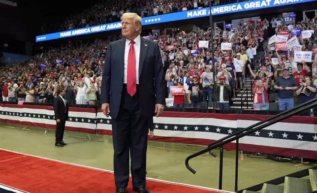 Republican presidential candidate former President Donald Trump arrives at a campaign rally, Saturday, July 20, 2024, in Grand Rapids, Mich. (AP Photo/Evan Vucci)