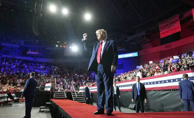 Republican presidential candidate former President Donald Trump gestures after speaking at a campaign rally Wednesday, July 24, 2024, in Charlotte, N.C. (AP Photo/Alex Brandon)