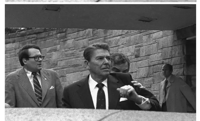 FILE - In this Monday, March 30, 1981 combination file photos, President Reagan waves, then looks up before being shoved into Presidential limousine by Secret Service agents after being shot outside a Washington hotel. (AP Photo/Ron Edmonds, File)