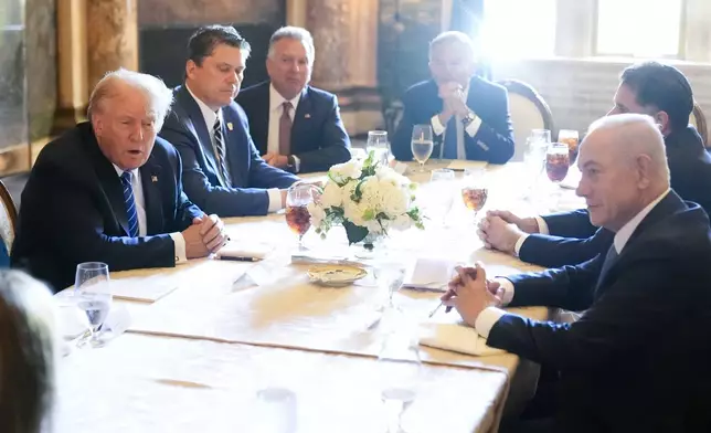 Republican presidential candidate former President Donald Trump meets with Israeli Prime Minister Benjamin Netanyahu at his Mar-a-Lago estate, Friday, July 26, 2024, in Palm Beach, Fla. (AP Photo/Alex Brandon)