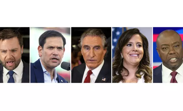 This combination photo shows Sen. J.D. Vance, R-Ohio, in Atlanta, June 27, 2024, from left, Sen. Marco Rubio, R-Fla., in Miami, Nov. 6, 2022, North Dakota Gov. Doug Burgum, June 27, 2024, in Atlanta, Rep. Elise Stefanik, R-N.Y., June 13, 2024, and Sen. Tim Scott, R-S.C., Nov. 8, 2023, in Miami. It's not unheard of for a running mate to move beyond past disagreements with a presidential candidate. But the shift is more striking for Donald Trump's potential vice presidential contenders, in some cases requiring them to abandon long-held policy positions and recant vehement criticism. (AP Photo)