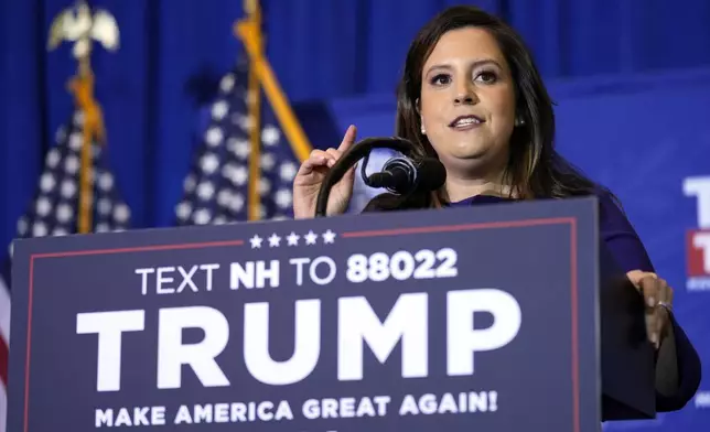 FILE - Rep. Elise Stefanik, R-N.Y., speaks at a campaign event in Concord, N.H., Jan. 19, 2024. In some cases, Donald Trump's potential vice presidential contenders have had to abandon long-held policy positions and recant vehement criticism. Stefanik criticized Trump's comments on the "Access Hollywood" tape and disagreed with his position on NATO, his decision to withdraw from the landmark Paris climate agreement and his ban on travelers from predominantly Muslim countries. (AP Photo/Matt Rourke, File)