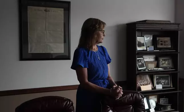 Tammy Schuey, General Manager of the Butler Eagle newspaper, pauses before an interview with The Associated Press, Wednesday, July 17, 2024, in Butler, Pa. (AP Photo/Matt Slocum)