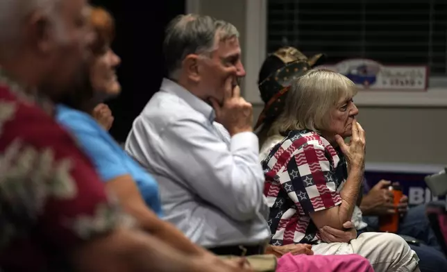 Supporters of Republican presidential candidate former President Donald Trump gather to watch a television broadcast of Trump's acceptance speech at the Republican National Convention, Thursday, July 18, 2024, in St. Charles, Mo. (AP Photo/Jeff Roberson)