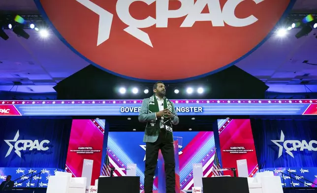 FILE - Former Pentagon Chief of Staff Kash Patel speaks during the Conservative Political Action Conference, CPAC 2024, at the National Harbor, in Oxon Hill, Md., Friday, Feb. 23, 2024. (AP Photo/Jose Luis Magana, File)
