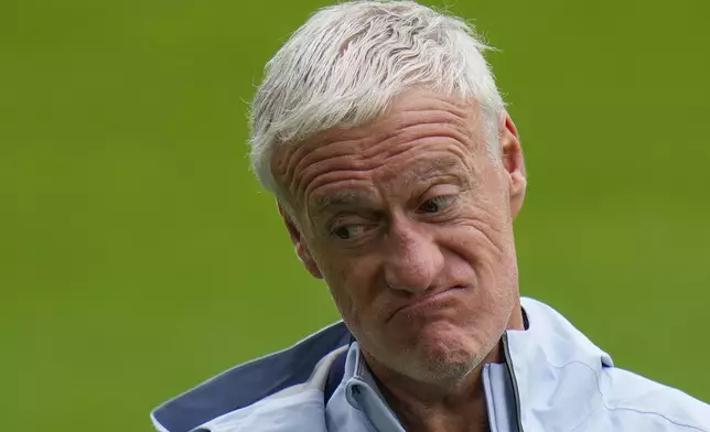 France head coach Didier Deschamps gestures during a training session in Paderborn, Germany, Tuesday, July 2, 2024, ahead of their quarterfinal soccer match against Portugal at the Euro 2024 soccer tournament. (AP Photo/Hassan Ammar)