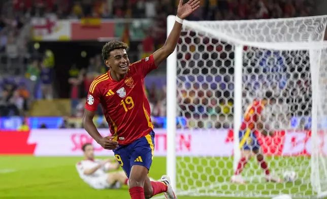 Spain's Lamine Yamal ceelbrates a goal that was disallowed fro an offside during a round of sixteen match between Spain and Georgia at the Euro 2024 soccer tournament in Cologne, Germany, Sunday, June 30, 2024. (AP Photo/Manu Fernandez)