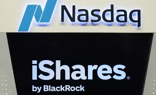 A screen displays information about BlackRock's new Ethereum ETF at the Nasdaq MarketSite in New York, Thursday, July 25, 2024. (AP Photo/Seth Wenig)