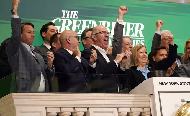 The Greenbrier Companies, Inc. CEO &amp; President Lorie Tekorius, right, rings the opening bell of the New York Stock Exchange, Monday, July 22, 2024. (AP Photo/Richard Drew)