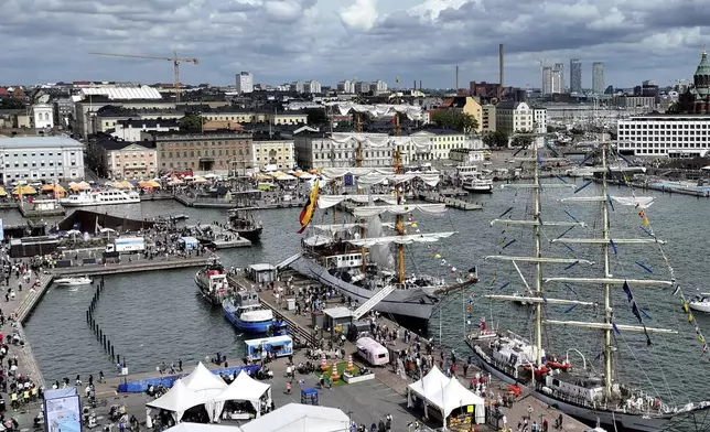 The Tall Ships Races event in Helsinki, Finland, Thursday July 4, 2024. Dozens of impressive classic sailing vessels from 13 different countries currently plying the Baltic Sea arrived at the Finnish capital on Thursday at the end of the first leg of the Tall Ships Races that kicked off from the Lithuanian port city of Klaipeda late June. (Jussi Nukari/Lehtikuva via AP)