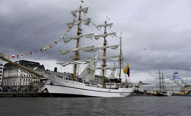 Ecuadorian ship Guayas during the Tall Ships Races event in Helsinki, Finland, Thursday July 4, 2024. Dozens of impressive classic sailing vessels from 13 different countries currently plying the Baltic Sea arrived at the Finnish capital on Thursday at the end of the first leg of the Tall Ships Races that kicked off from the Lithuanian port city of Klaipeda late June. (Aada Pet'j'/Lehtikuva via AP)