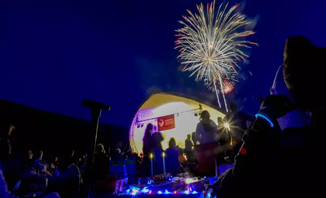 The Vermont Symphony Orchestra performs as fireworks fill the air during the "Symphony of Stars" as part of the 2024 Vermont Symphony Orchestra Summer Festival Tour in Grafton, Vt., Wednesday, July 3, 2024. (Kristopher Radder/The Brattleboro Reformer via AP)