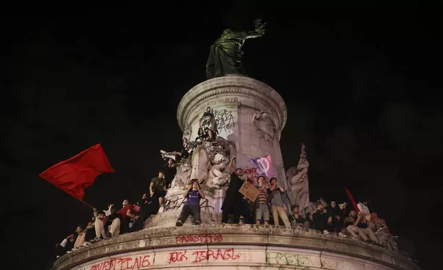People climd on the statue at Republique plaza during a protest against the far-right National Rally party which came out strongly ahead in first-round legislative elections, Sunday, June 30, 2024 in Paris. France's high-stakes legislative elections propelled the far-right National Rally to a strong but not decisive lead in the first-round vote Sunday, polling agencies projected, dealing another slap to centrist President Emmanuel Macron. (AP Photo/Thomas Padilla)
