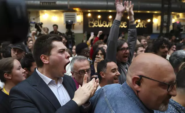 Supporters of the Socialist Party react after the second round of the legislative elections, Sunday, July 7, 2024 at their election night headquarters in Paris. A coalition on the left that came together unexpectedly ahead of France's snap elections won the most parliamentary seats in the vote, according to polling projections Sunday. The surprise projections put President Emmanuel Macron's centrist alliance in second and the far right in third. (AP Photo/Aurelien Morissard)