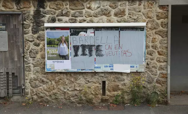 Electoral posters, some defaced with graffiti reading "Barella, we don't want you", are seen Tuesday, July 2, 2024 in Gazeran, south of Paris. The far-right National Rally, under party president Jordan Bardella, secured the most votes in the first round of the surprise legislative elections on June 30 but not enough to claim overall victory. (AP Photo/Aurelien Morissard)