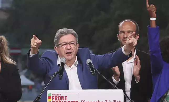 Far-left La France Insoumise - LFI - (France Unbowed) founder Jean-Luc Melenchon, delivers his speech after the second round of the legislative elections Sunday, July 7, 2024 in Paris. A coalition on the left that came together unexpectedly ahead of France's snap elections won the most parliamentary seats in the vote, according to polling projections Sunday. The surprise projections put President Emmanuel Macron's centrist alliance in second and the far right in third. (AP Photo/Thomas Padilla)