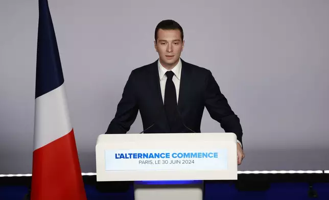 FILE - Far-right National Rally party president Jordan Bardella delivers his speech after the first round vote of the legislative election in Paris, Sunday, June 30, 2024. Bardella has said he opposes sending long-range weapons to Kyiv. (AP Photo/Aurelien Morissard, File)