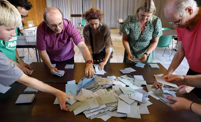 Poll workers begin counting ballots at the during the second round of the legislative elections, Sunday, July 7, 2024 in Schiltgheim, eastern France. Voting is underway in mainland France on Sunday in pivotal runoff elections that could hand a historic victory to Marine Le Pen's far-right National Rally and its inward-looking, anti-immigrant vision, or produce a hung parliament and political deadlock. (AP Photo/Jean-Francois Badias)