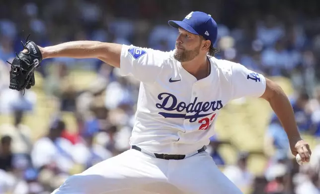 Los Angeles Dodgers starting pitcher Clayton Kershaw (22) throws a pitch during the third inning of a baseball game against the San Francisco Giants in Los Angeles, Calif., Thursday, July 25, 2024. (AP Photo/Eric Thayer)