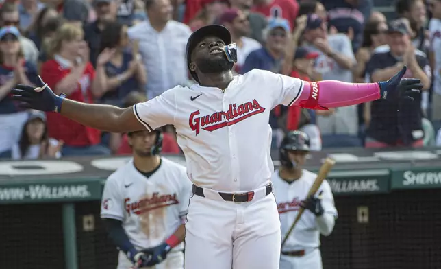 Cleveland Guardians' Jhonkensy Noel reacts after hitting a solo home run off San Francisco Giants relief pitcher Luke Jackson during the fifth inning of a baseball game in Cleveland, Saturday, July 6, 2024. (AP Photo/Phil Long)