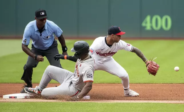 San Francisco Giants' Jorge Soler slides safely into second base for a double as Cleveland Guardians' Brayan Rocchio waits for the throw as umpire Alan Porter watches the play during the first inning of a baseball game in Cleveland, Saturday, July 6, 2024. (AP Photo/Phil Long)