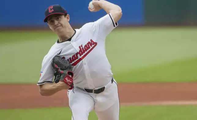 Cleveland Guardians starting pitcher Logan Allen delivers during the first inning of a baseball game against the San Francisco Giants in Cleveland, Saturday, July 6, 2024. (AP Photo/Phil Long)