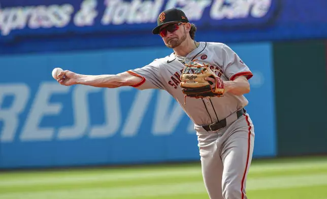 San Francisco Giants' Brett Wisely throws out Cleveland Guardians' Bo Naylor during the sixth inning of a baseball game in Cleveland, Saturday, July 6, 2024. (AP Photo/Phil Long)