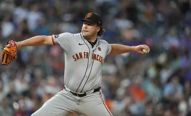 San Francisco Giants relief pitcher Erik Miller works against the Colorado Rockies in the seventh inning of a baseball game Saturday, July 20, 2024, in Denver. (AP Photo/David Zalubowski)