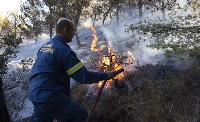 A firefighter tries to extinguish a forest fire at Keratea area, southeast of Athens, Greece, Sunday, June 30, 2024. Two large wildfires were burning Sunday near Greece's capital of Athens, and authorities sent emergency messages for some residents to evacuate and others to stay at home and close their windows to protect themselves from smoke. (AP Photo/Yorgos Karahalis)