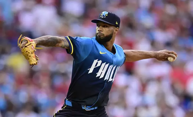 Philadelphia Phillies' Cristopher Sánchez throws during the first inning of a baseball game against the Cleveland Guardians, Friday, July 26, 2024, in Philadelphia. (AP Photo/Derik Hamilton)