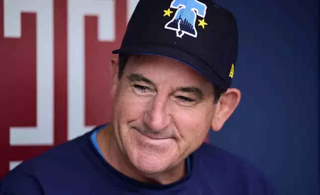 Philadelphia Phillies manager Rob Thomson speaks with members of the media prior to a baseball game against the Cleveland Guardians, Friday, July 26, 2024, in Philadelphia. (AP Photo/Derik Hamilton)