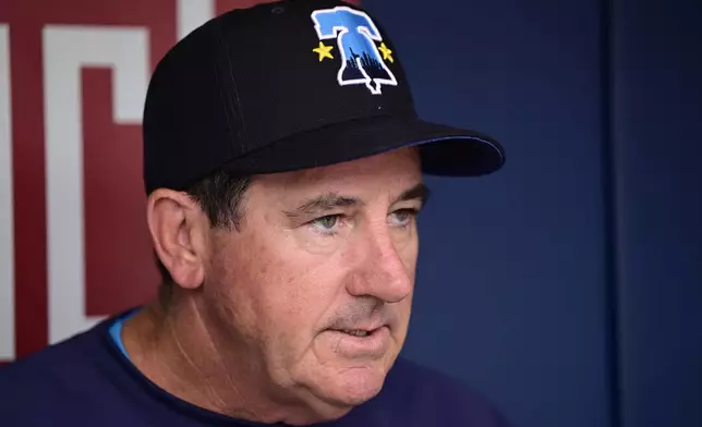 Philadelphia Phillies manager Rob Thomson speaks with members of the media prior to a baseball game against the Cleveland Guardians, Friday, July 26, 2024, in Philadelphia. (AP Photo/Derik Hamilton)