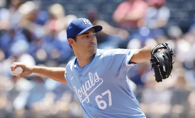 Kansas City Royals pitcher Seth Lugo delivers to a Cleveland Guardians batter during the first inning of a baseball game in Kansas City, Mo., Sunday, June 30, 2024. (AP Photo/Colin E. Braley)