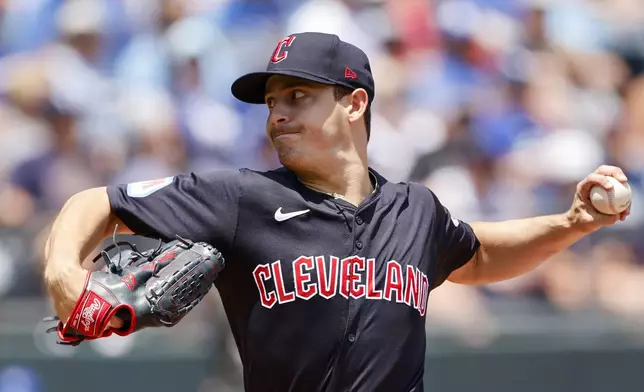 Cleveland Guardians pitcher Logan Allen delivers to a Kansas City Royals batter during the first inning of a baseball game in Kansas City, Mo., Sunday, June 30, 2024. (AP Photo/Colin E. Braley)