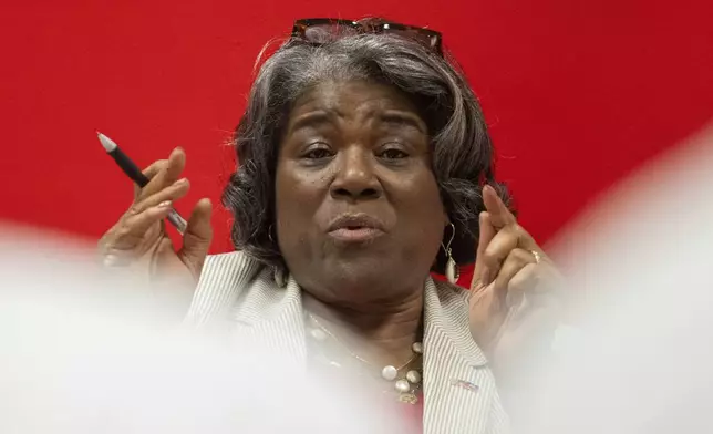 U.S. Ambassador to the United Nations Linda Thomas-Greenfield speaks with Haitian members of civil society at the U.S. embassy in Port-au-Prince, Haiti, Monday, July 22, 2024. (Roberto Schmidt/Pool via AP)