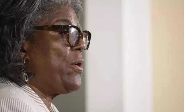 U.S. Ambassador to the United Nations Linda Thomas-Greenfield speaks during a press conference at the Toussaint Louverture International Airport in Port-au-Prince, Haiti, Monday, July 22, 2024. (Roberto Schmidt/Pool Photo via AP)