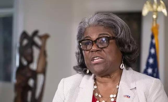 U.S. Ambassador to the United Nations Linda Thomas-Greenfield speaks during a press conference at the Toussaint Louverture International Airport in Port-au-Prince, Haiti, Monday, July 22, 2024. (Roberto Schmidt/Pool Photo via AP)