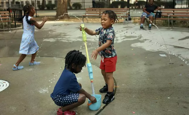 Children play in a water park on a hot day, Friday, June 21, 2024, in the Bronx Borough of New York. Tens of millions of Americans are facing major heat waves, with temperatures consistently exceeding 90 degrees (32 degrees Celsius). (AP Photo/Andres Kudacki)