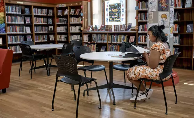 -A woman spends time at a library during a hot day, Friday, June 21, 2024, in the Bronx Borough of New York. Tens of millions of Americans are facing major heat waves, with temperatures consistently exceeding 90 degrees (32 degrees Celsius).(AP Photo/Andres Kudacki)