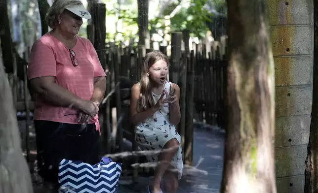 Sherry Apostolopoulos, left, looks at an exhibit of river otters with her granddaughter Raelyn, right, at the Palm Beach Zoo &amp; Conservation Society Thursday, July 18, 2024, in West Palm Beach, Fla. The staff at the zoo use a variety of techniques to keep their animals cool during the hot summer months. (AP Photo/Lynne Sladky)