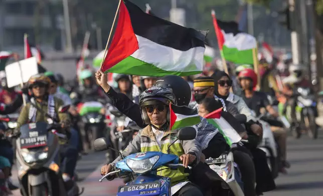 Protesters wave Palestinian flags during a rally in Jakarta, Indonesia, Saturday, July 27, 2024, in support of the Palestinians in Gaza. (AP Photo/Tatan Syuflana)