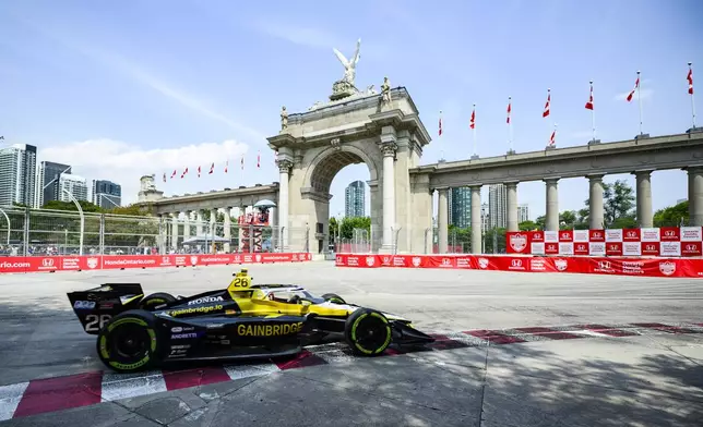 Colton Herta, of the United States, drives during an IndyCar auto race in Toronto, Sunday, July 21, 2024. (Christopher Katsarov/The Canadian Press via AP)