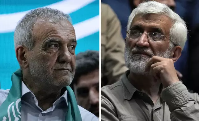 This combination of photos shows Iranian presidential election candidates Masoud Pezeshkian, left, a reformist lawmaker and a former Health Minister, and Saeed Jalili, a hard-line former senior nuclear negotiator, during their campaigns, in Tehran, Iran. (AP Photo/Vahid Salemi, File)