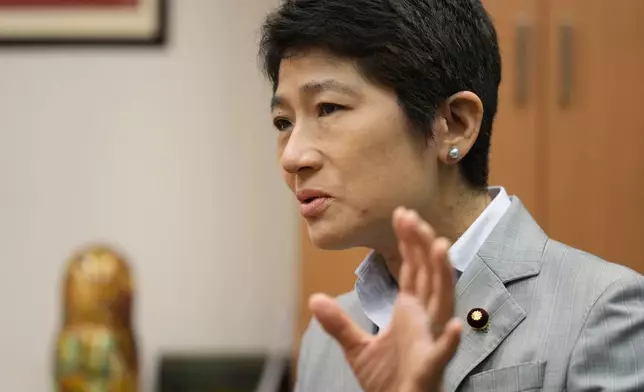 Chinami Nishimura, a member of the main opposition Constitutional Democratic Party of Japan and a lower house lawmaker, speaks during an interview with The Associated Press in Tokyo, Monday, July 1, 2024. Nishimura, who heads the opposition party’s gender-equality promotion team, hopes to have women comprise 30% of her party's candidates in the next national election. (AP Photo/Hiro Komae)