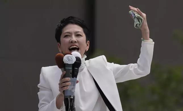 Renho, a Tokyo gubernatorial election candidate and a member of the House of Councilors, speaks during her campaign in Tokyo, as electoral activities for the Tokyo's gubernatorial election are officially allowed Thursday, June 20, 2024. Renho told reporters in June that she often saw headlines about the Tokyo governor's race that trumpeted "A battle of dragon women". "Would you use that kind of expression to describe a competition between male candidates?" she asked. (AP Photo/Hiro Komae)