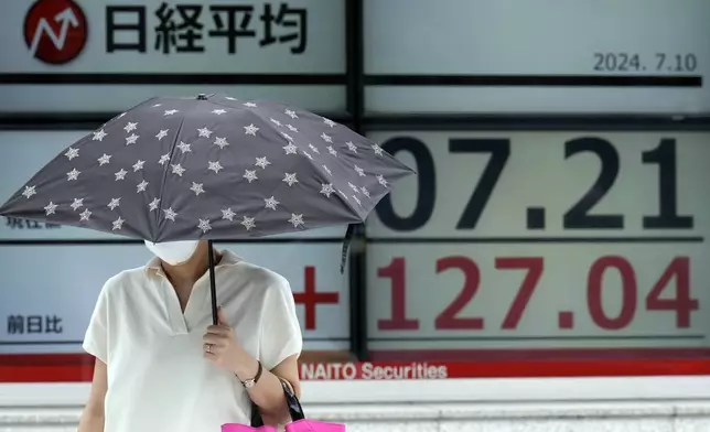 A person walks in front of an electronic stock board showing Japan's Nikkei index at a securities firm Wednesday, July 10, 2024, in Tokyo. (AP Photo/Eugene Hoshiko)